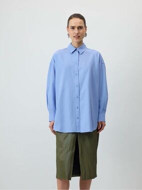 Oversized Light Blue Button-Down Shirt with Point Collar